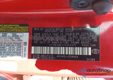 2007 Toyota Camry Se from USA, damaged, VIN 4T1BE46K17U143175